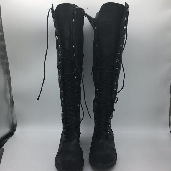 Black Knee High Boots Chunky Mid Heels Lace-up Winter Boots Shoes - Picture 1 of 10